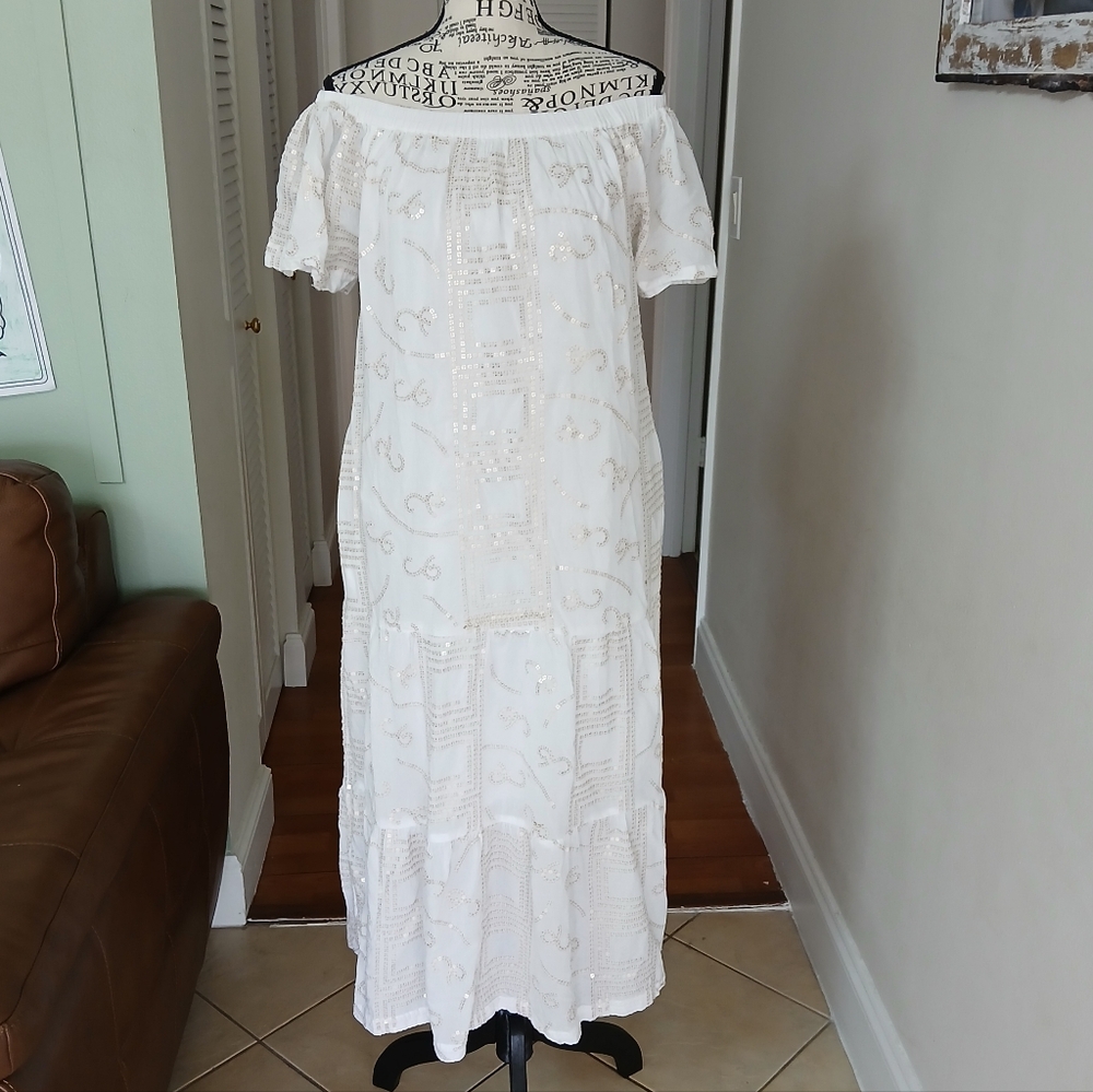 Oliphant‎ Ivory Off The Shoulder Dress Gold Sequins Embroidered